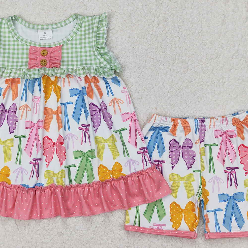 4.17 GSSO2089 RTS NO MOQ Colorful bow pattern polka dot lace green plaid sleeveless shorts set