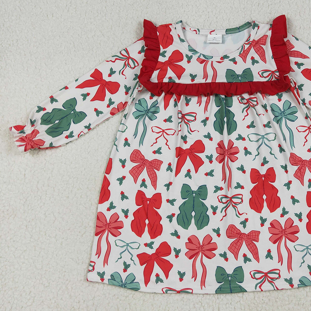 GLD1046 RTS NO MOQ Baby Girls Winter Dress Baby Girls Long Ruffle Sleeves Red Green Bows Knee Length Dresses