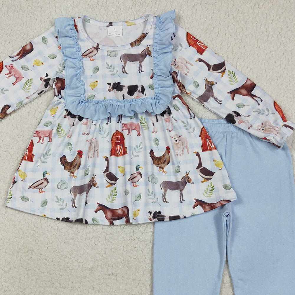 RTS NO MOQ (In stock) GLP2536 Baby Girls Winter Outfits Baby Girls Long Ruffle Sleeves House Chicks Tunic Pant Farm Sets