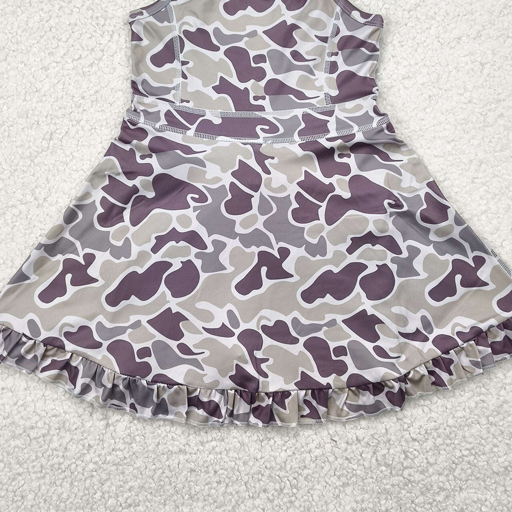 6.16 GSD2312 RTS NO MOQ Baby Girls Summer Yoga Dress Baby Girls Strap Purple Camo Yoga Ruffle Knee Length Dresses