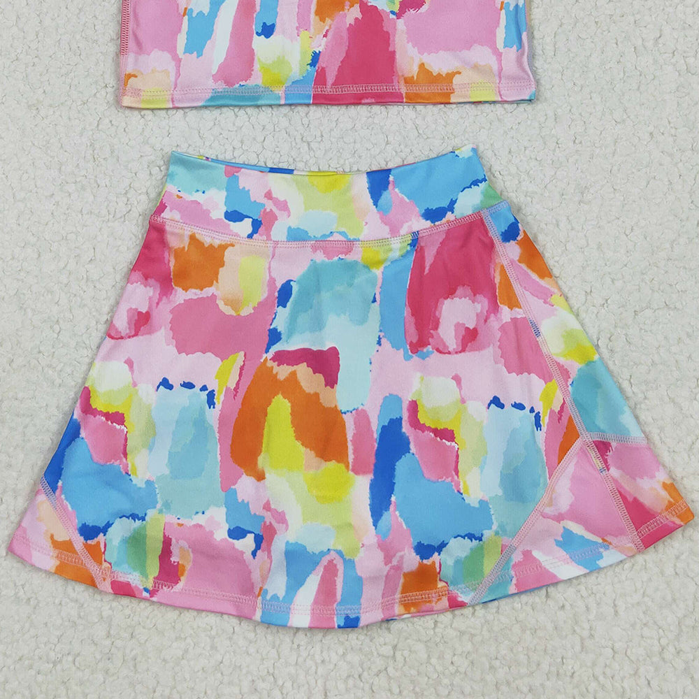 8.15 GSD2625 RTS NO MOQ Baby Girls Yoga Outfits Baby Girls Sleeveless Watercolor Camo Vest Top Short Skirts Yoga Set