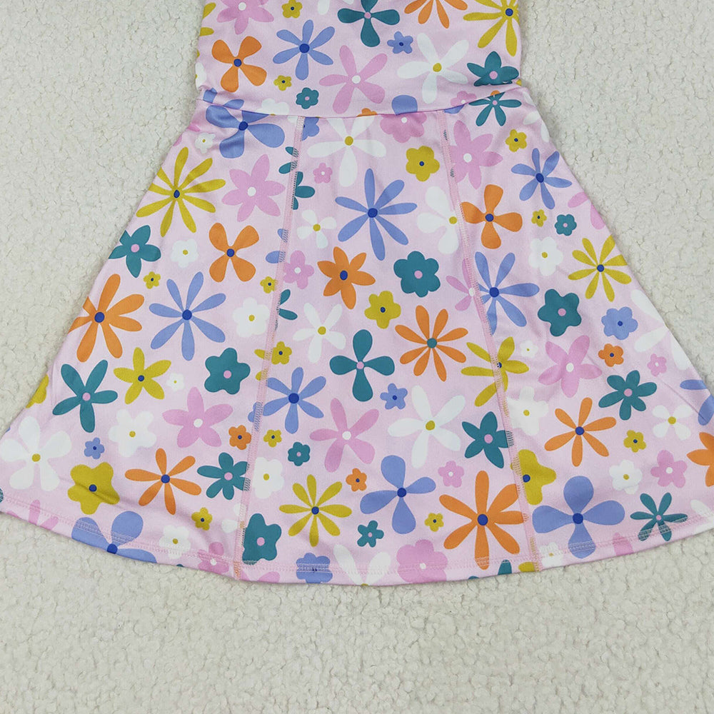 GSD2113 RTS NO MOQ Baby Girls Summer Yoga Dress Baby Girls Pink Colorful Flowers Yoga Active Wear Skort Knee Length Dresses