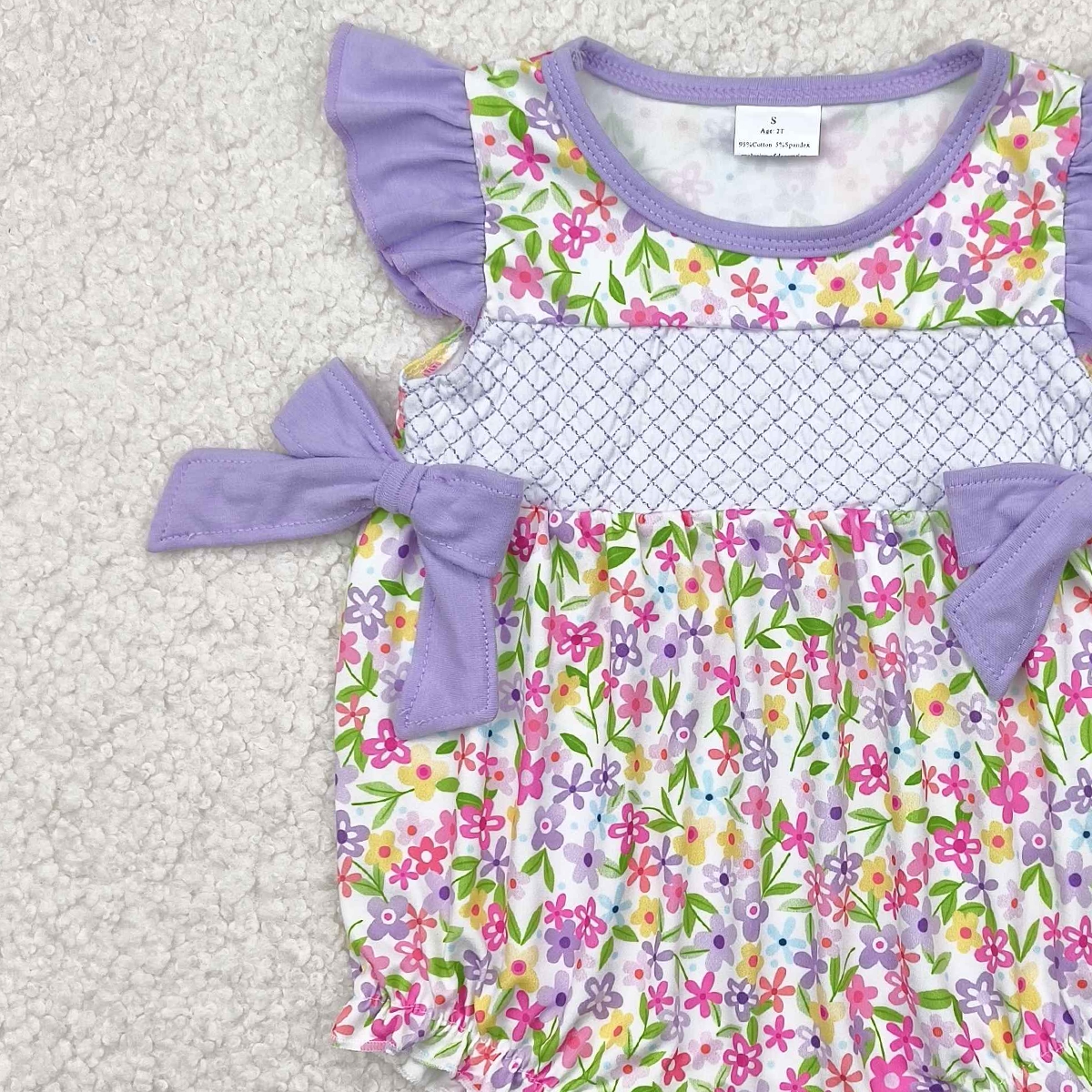 4.23 SR2928 RTS NO MOQ Baby Girls Summer Rompers Embroidery Baby Infant Girls Lavender Flutter Sleeves Floral Bows Top Ruffle Rompers