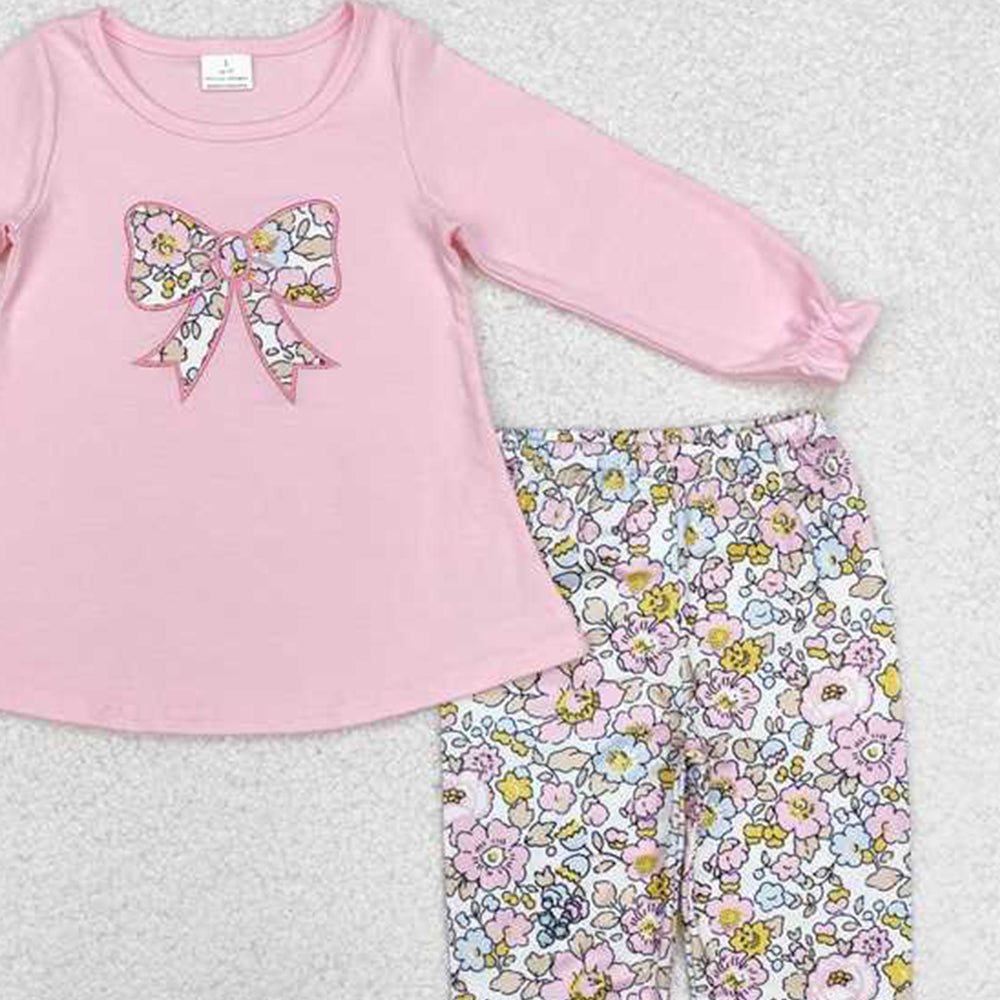 4.14 GLP1836 RTS NO MOQ Pink bow tunic floral ruffle pants girls clothing set