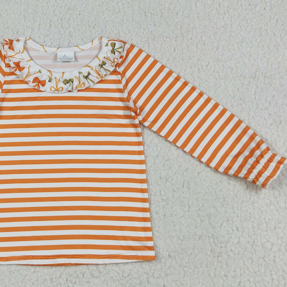 RTS NO MOQ (In stock)GT1074 Baby Girls Long Sleeve Tops Baby Girls Long Ruffle Sleeves Orange Stripes Tee Shirts Tops