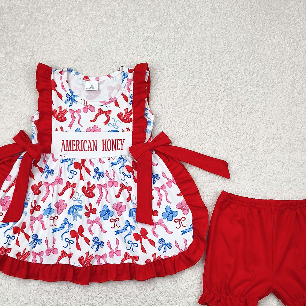 5.17 GSSO2538 RTS NO MOQ Baby Girls Summer Outfits Baby Girls American Honey Red Blue Bows Tunic Ruffle Short 4th Of July Set