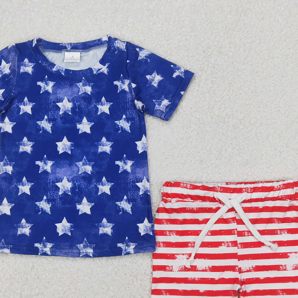 6.16 BSSO1405 RTS NO MOQ Baby Boys Summer Boys Outfits Blue stars top stripe shorts boys 4th of july outfits
