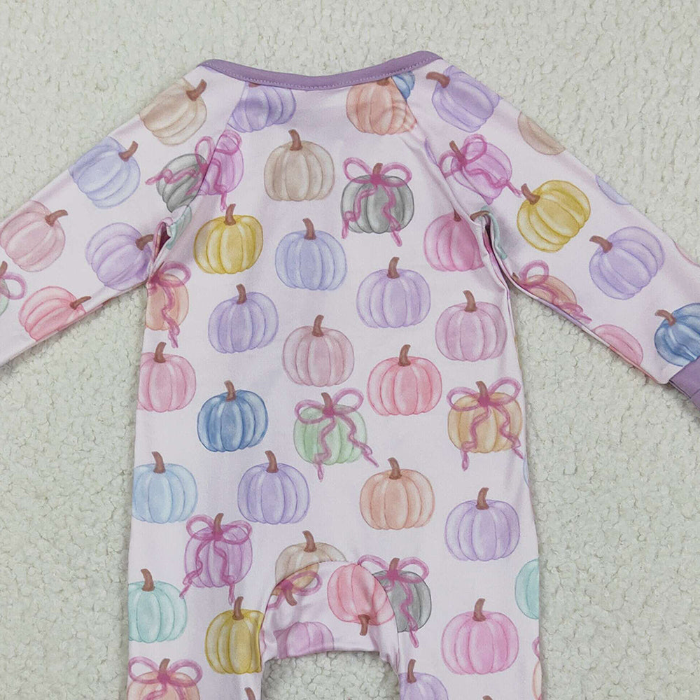 8.21 RTS NO MOQ (In stock)LR2442 Baby Girls Winter Rompers Baby Girls Colorful Bows Pumpkins Fall Zipper Footie Rompers