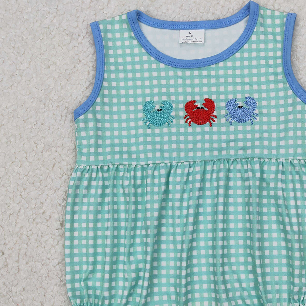 4.10 SR2660 RTS NO MOQ Baby Boys Summer Romper Baby Boys Aqua Plaid Sleeveless Crabs Rompers