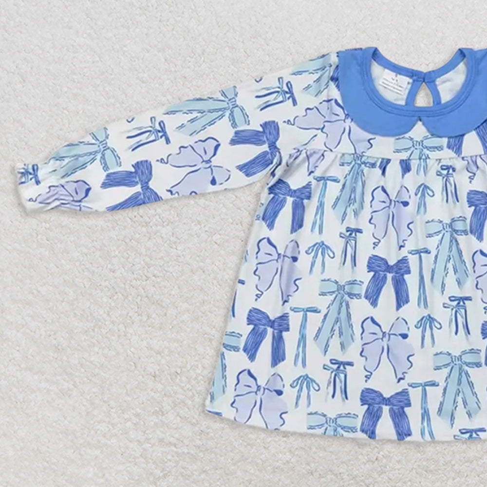 USA Shop (in stock)GT0666 RTS NO MOQ Baby Girls Winter Dress Baby Girls Blue Bows Collar Knee Length Dresses