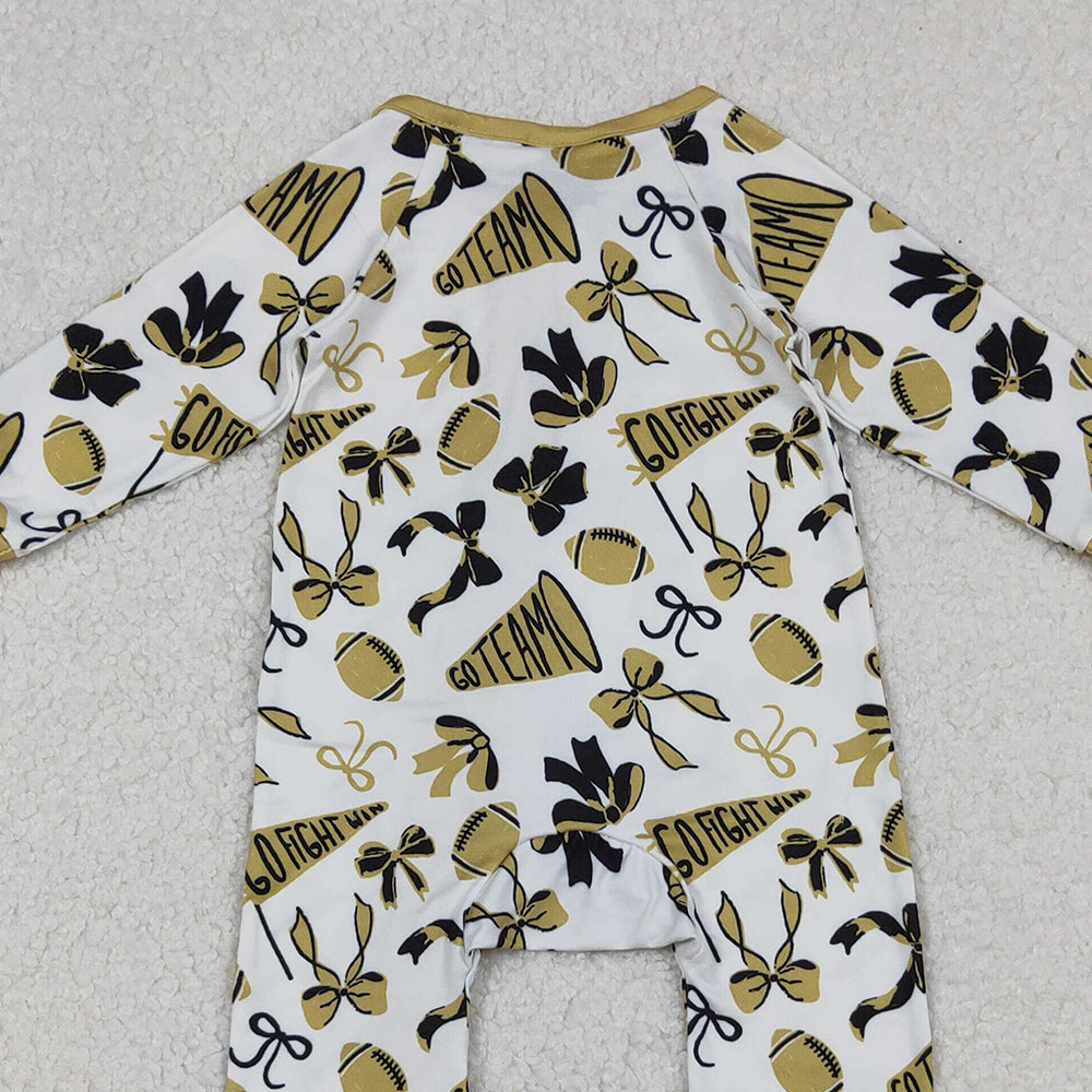 RTS NO MOQ (In stock)LR2515 Baby Girls Winter Rompers Golden Bows Footballs Ruffle Zipper Team Rompers