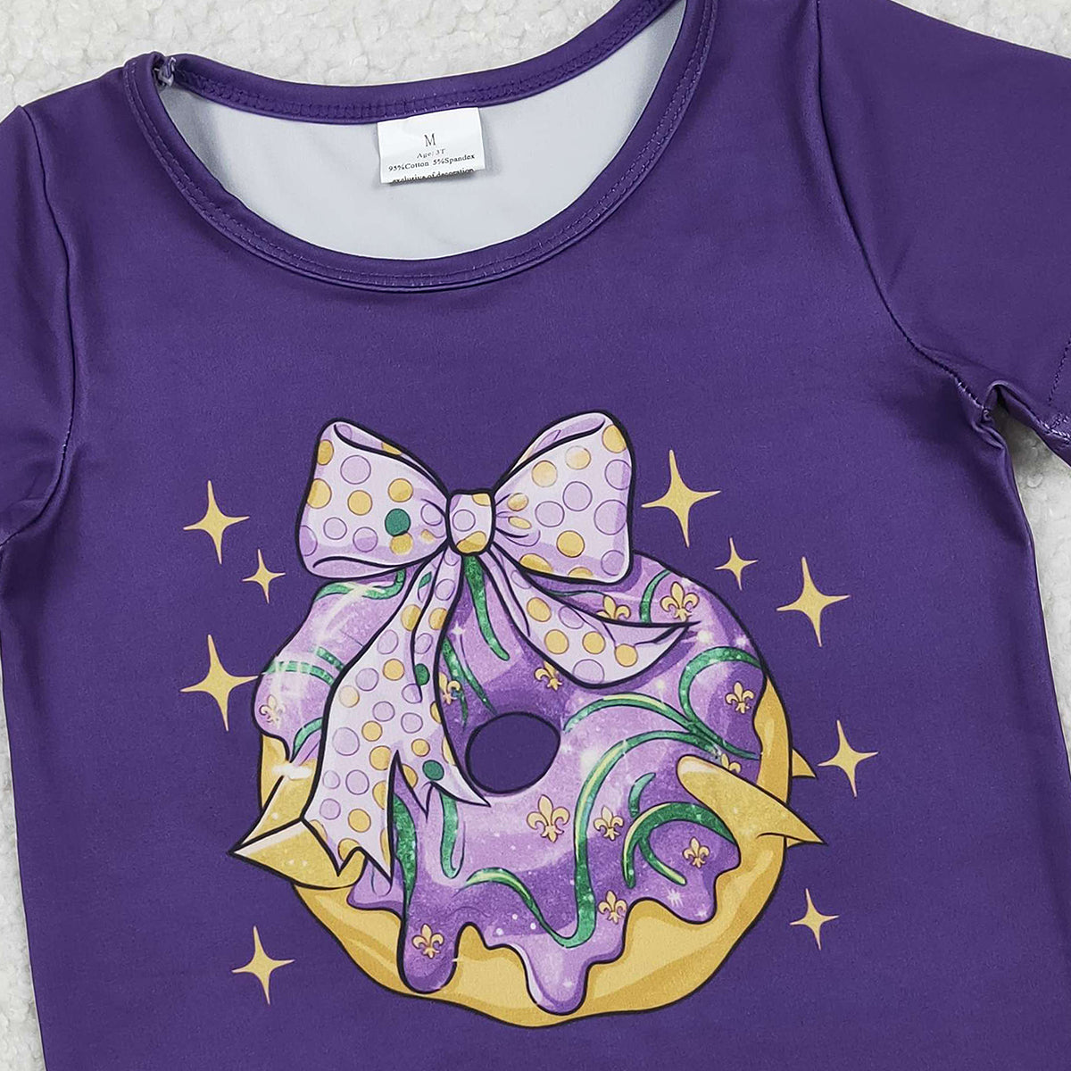 10.23 RTS NO MOQ (In stock)GT1252 Baby Girls Summer Tops Baby Girls Purple Short Sleeve Bow Donuts Mardigras Tee Shirts Top