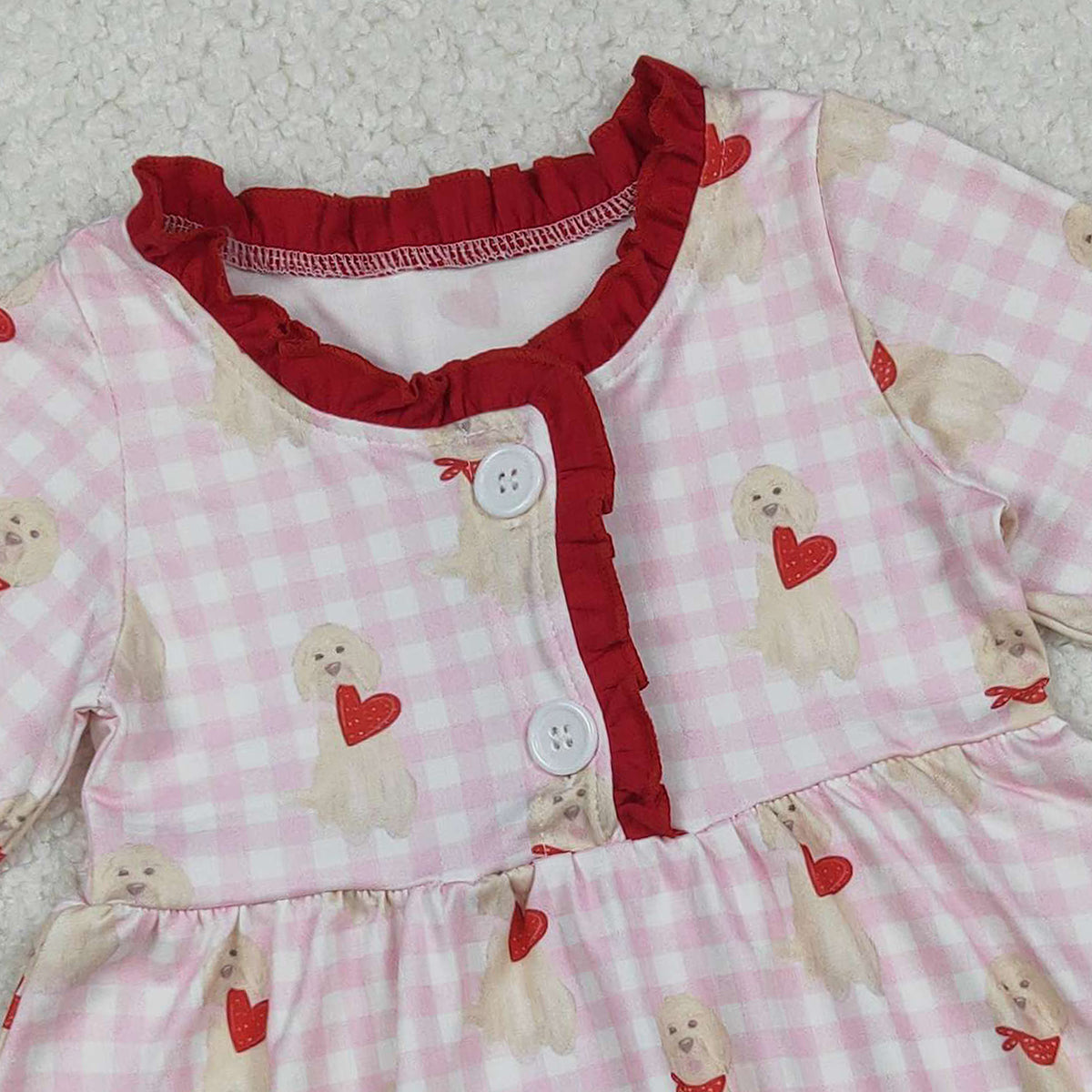 10.21 RTS NO MOQ (In stock)GLD1322 Baby Girls Winter Dress Baby Girls Pink Checked Dogs Hearts Button Ruffle Valentine Knee Length Dress