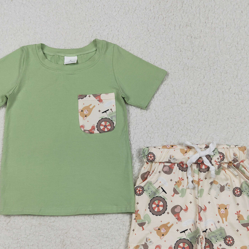 7.14 BSSO1460RTS NO MOQ Baby Boys Summer Boys Outfits Baby Boys Pocket Top Chicks Pigs Short Farm Set