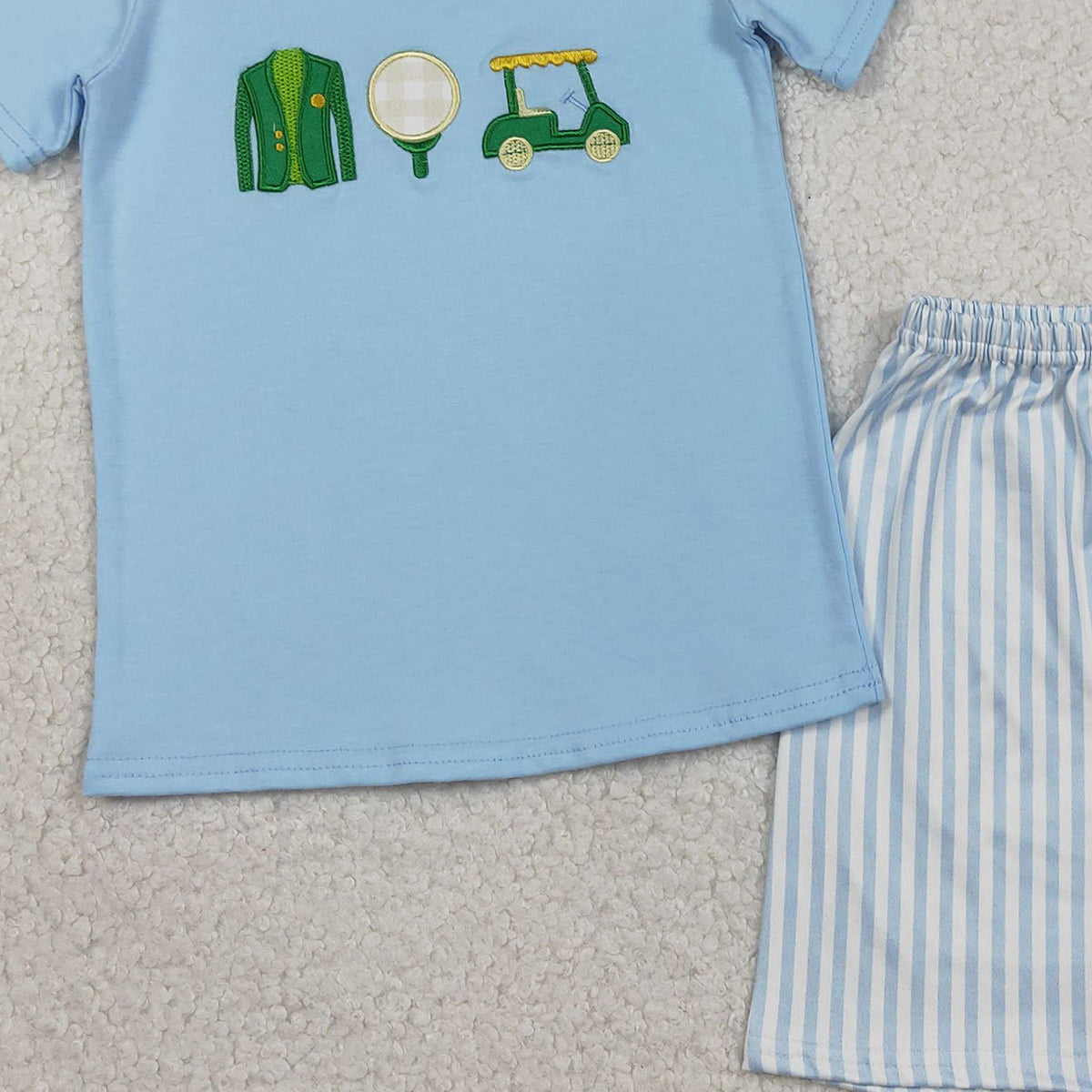 1.27 RTS NO MOQ (In stock)BSSO1696 Embroidery Golf Trucks Baby Boys Shirts Top Stripe Shorts Clothes Sets