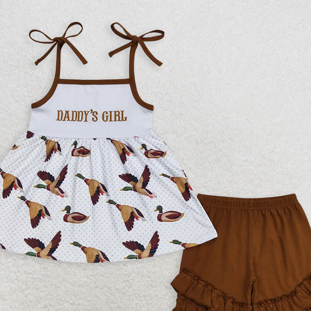 GSSO0807RTS NO MOQ Baby Girls Summer Outfits Daddy's girl embroidered letter duck suspenders brown shorts suit