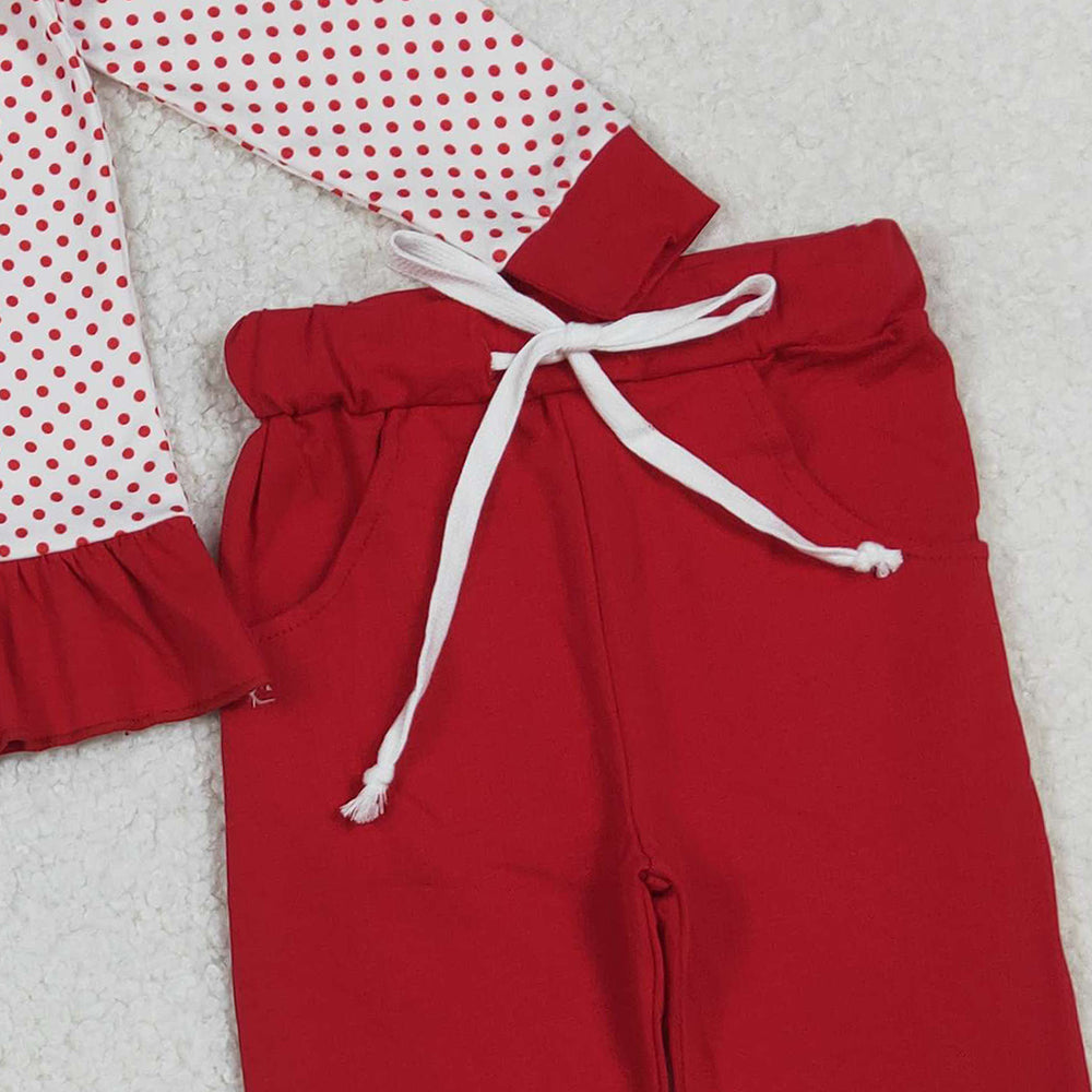 10.10 RTS NO MOQ (In stock)GLP2708 Embroidery Santa Baby Girls Polka Dots Ruffle Top Pockets Leggings Christmas Clothes Set