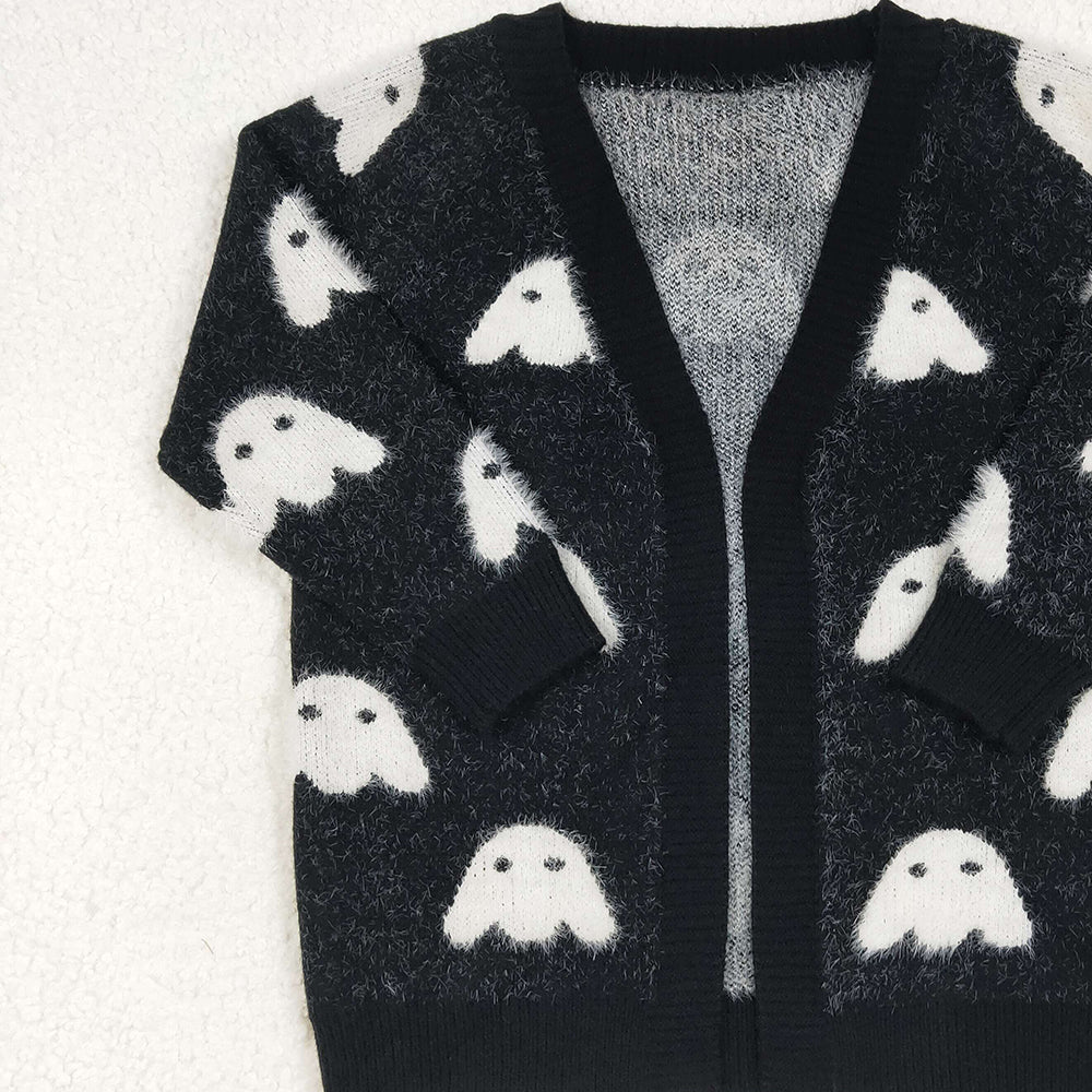 RTS NO MOQ (In stock) GT0649 Baby Girls Halloween Black Ghost Long Sleeve Sweaters Cardigans