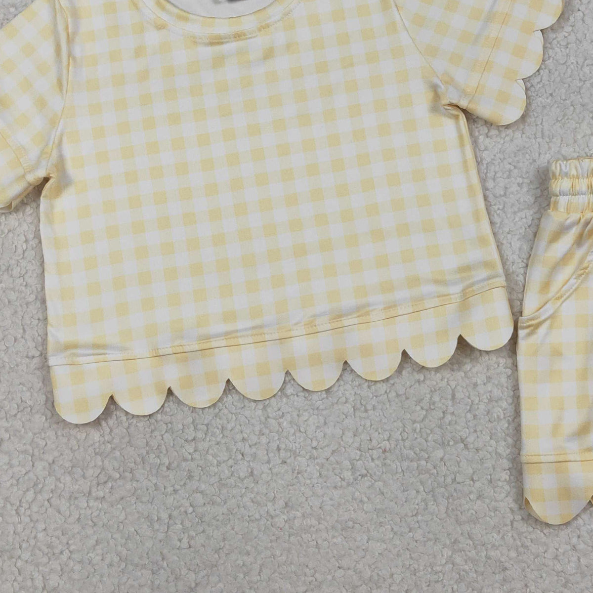 3.28 RTS NO MOQ (In stock)GSSO3185 Yellow plaid scallop top shorts girls summer outfit