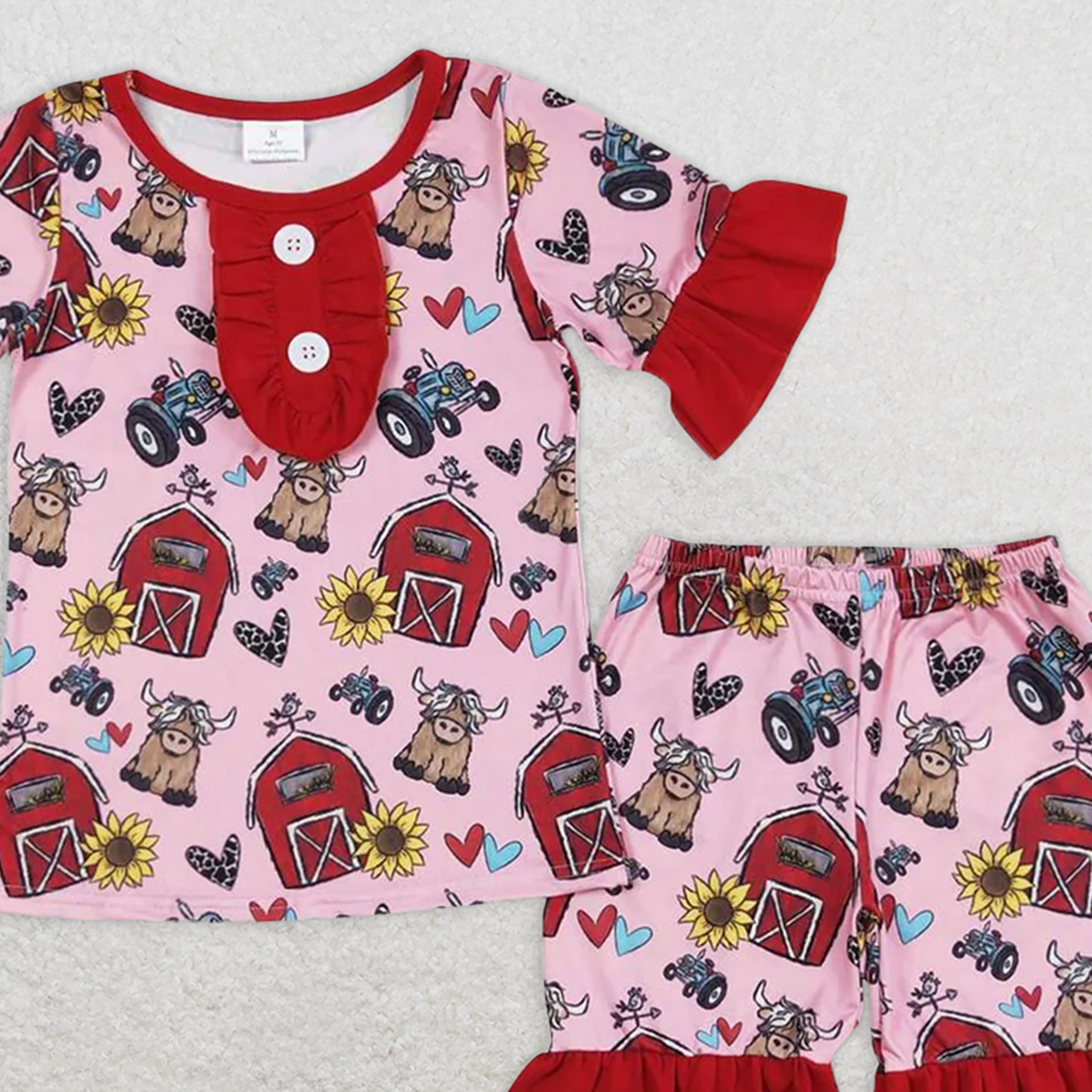 GSSO0932 RTS NO MOQ Baby Girls Pajamas Outfits Short sleeves cows sunflower farm girls summer pajamas