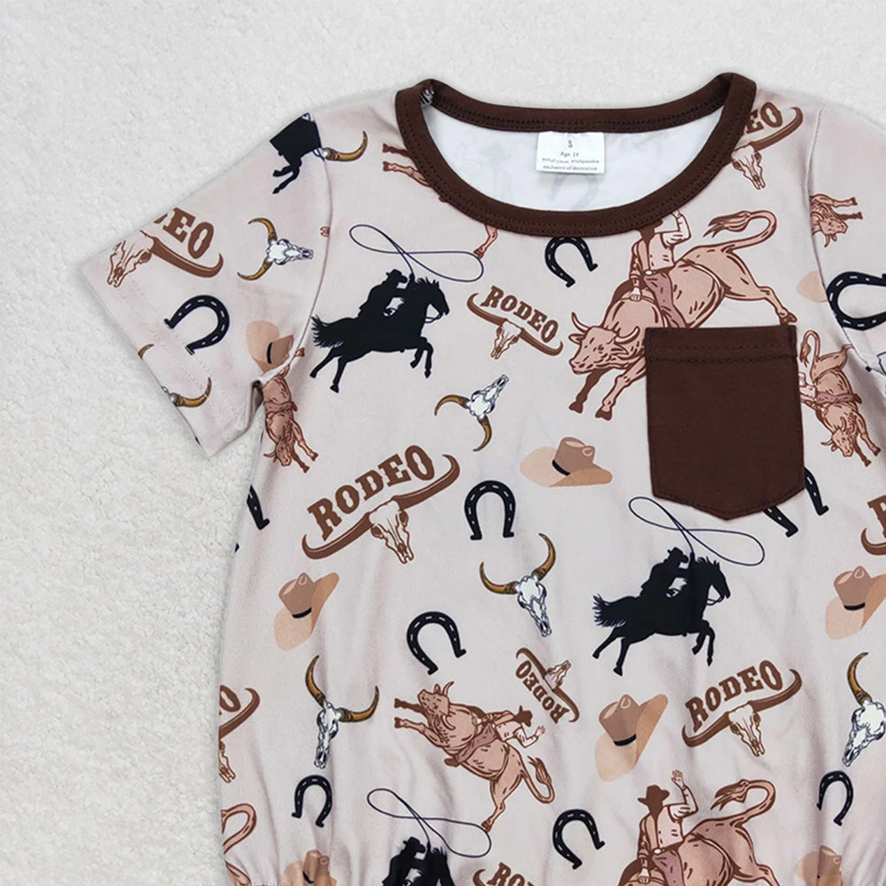 8.25 SR1358RTS NO MOQ Baby Boys Summer Romper rodeo riding brown pocket short sleeve jumpsuit