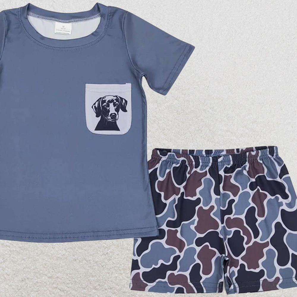 USA Shop (in stock) BSSO0304 Baby Boys Summer Boys Outfits Baby Boys Hot Blue Short Sleeves Dog Pocket Top Camo Short Western Set