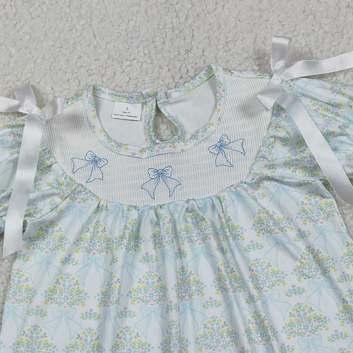 1.31 RTS NO MOQ (In stock)GSD3046 Smocked Bows Baby Girls Flowers Short Ruffle Sleeve Knee Length Dresses