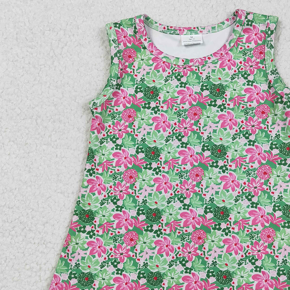 GT1015RTS NO MOQ Baby Girls Summer Yoga Tops Baby Girls Sleeveless Green Pink Floral Yoga Shirts Top