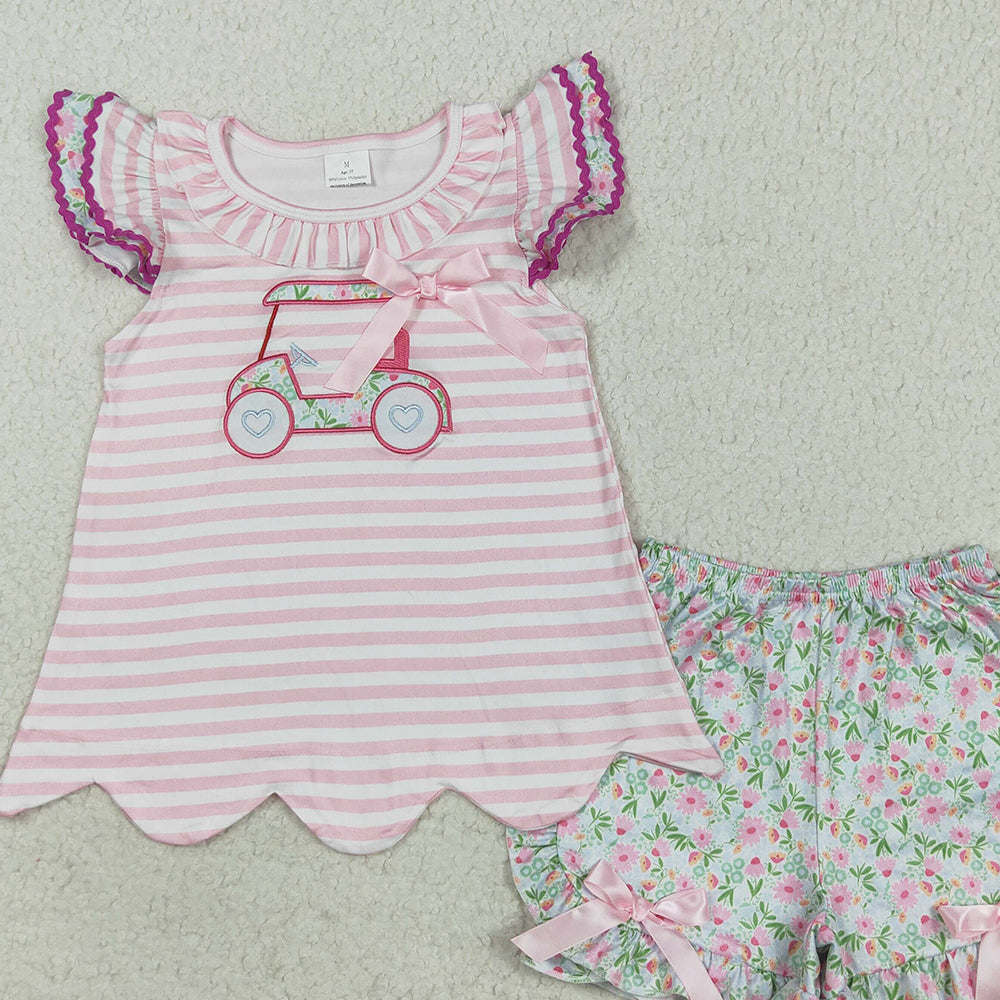 RTS NO MOQ (In stock)GSSO2633 Baby Girls Summer Outfits Embroidery Baby Girls Flutter Sleeves Floral Golf Truck Tunic Ruffle Short Set