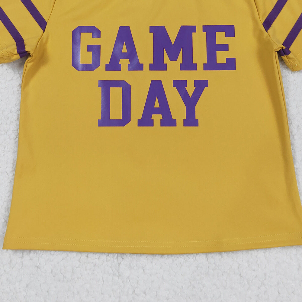 RTS NO MOQ (In stock)GT1100+GLK0086 Baby Girls Yoga Outfits Purple Game Day Team Tee Shirts And Pleated Skirts Set Active Wear Yoga Top Bottoms Outfit for Kids