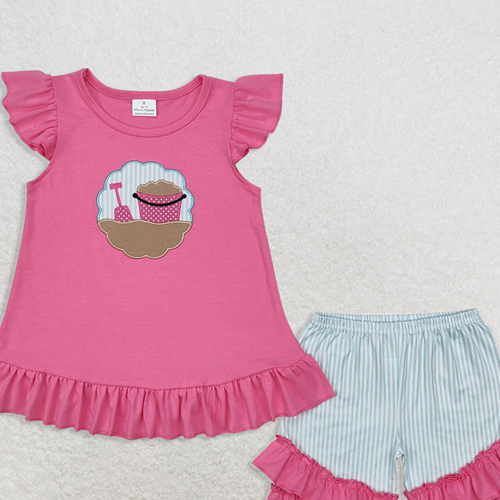 GSSO1785RTS NO MOQ Baby Girls Summer Outfits Baby Girls Pink Beach Tunic Ruffle Shorts Clothes Sets