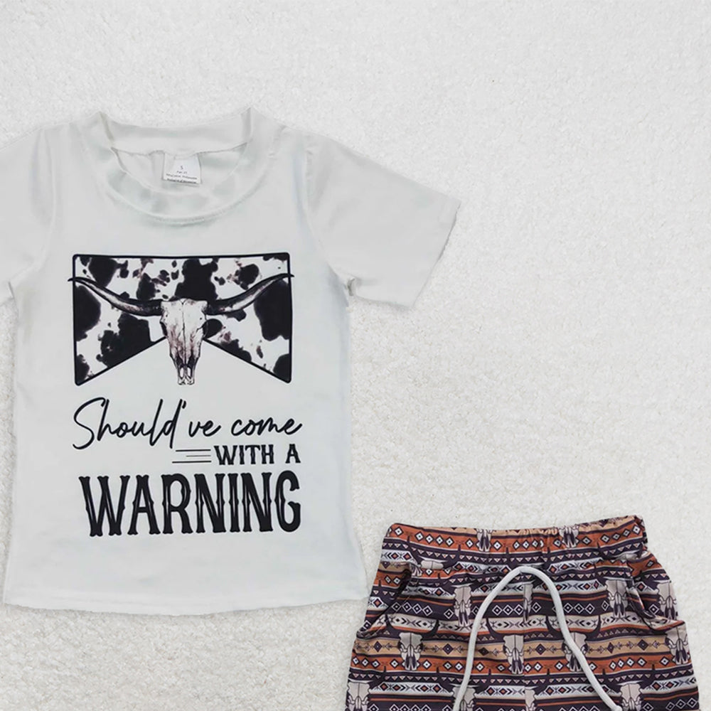 BSSO0210 RTS NO MOQ Baby Boys Summer Boys Outfits Baby Boys Western Cow Skull Short Sleeve Tee Shirts Shorts Sets