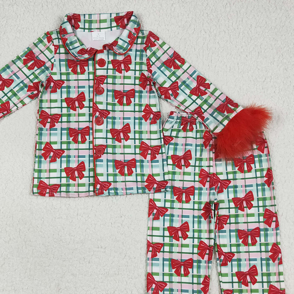 8.18 RTS NO MOQ (In stock) GLP2372 Baby Girls Winter Outfits Baby Girls Red Long Sleeves With Fur Bows Plaid Button Top Pants Pajamas Set