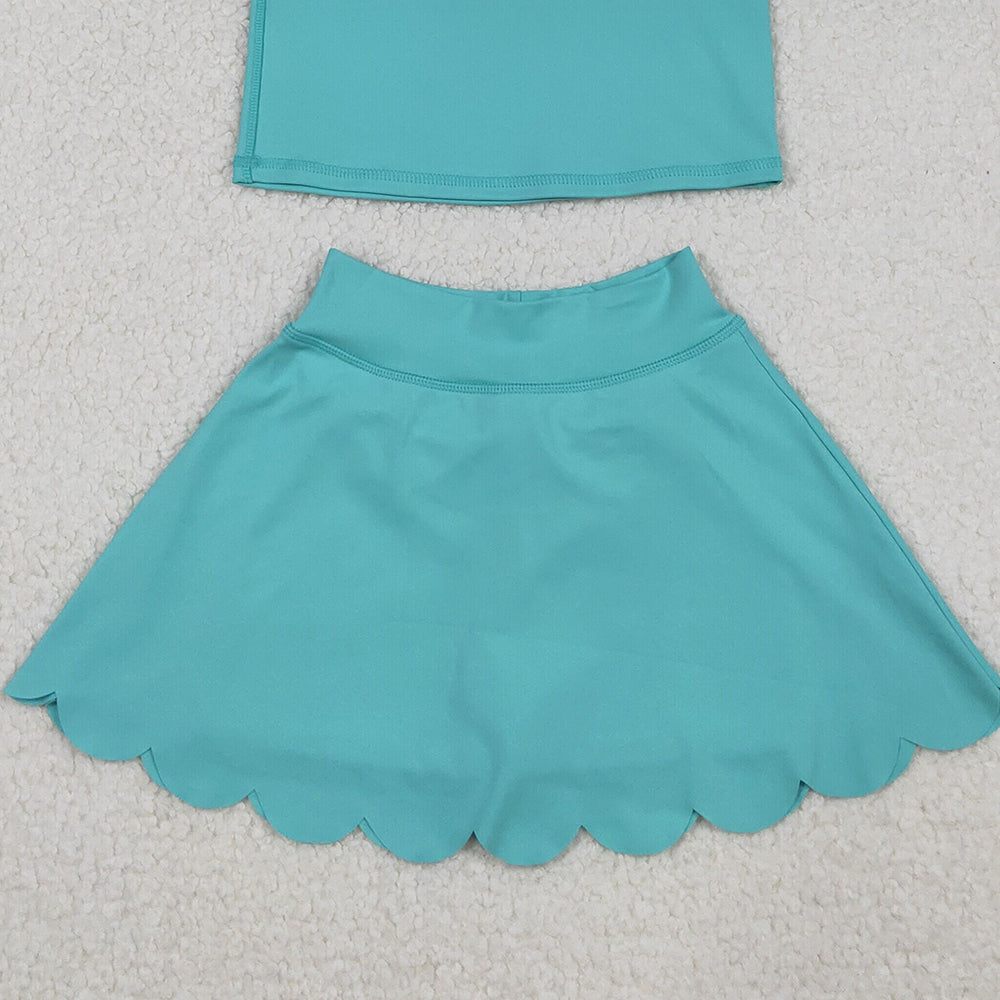 RTS NO MOQ (In stock)GSD2349 Baby Girls Yoga Outfits Aqua Sleeveless Button Top Skirt Yoga Sets