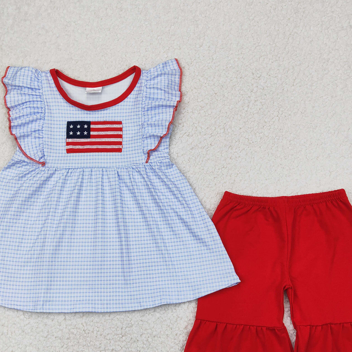 6.21 GSSO2238 RTS NO MOQ Baby Girls Summer Outfits Embroidery Baby Girls Blue Checkered Flag Tunic Top Ruffle Shorts Clothes Sets