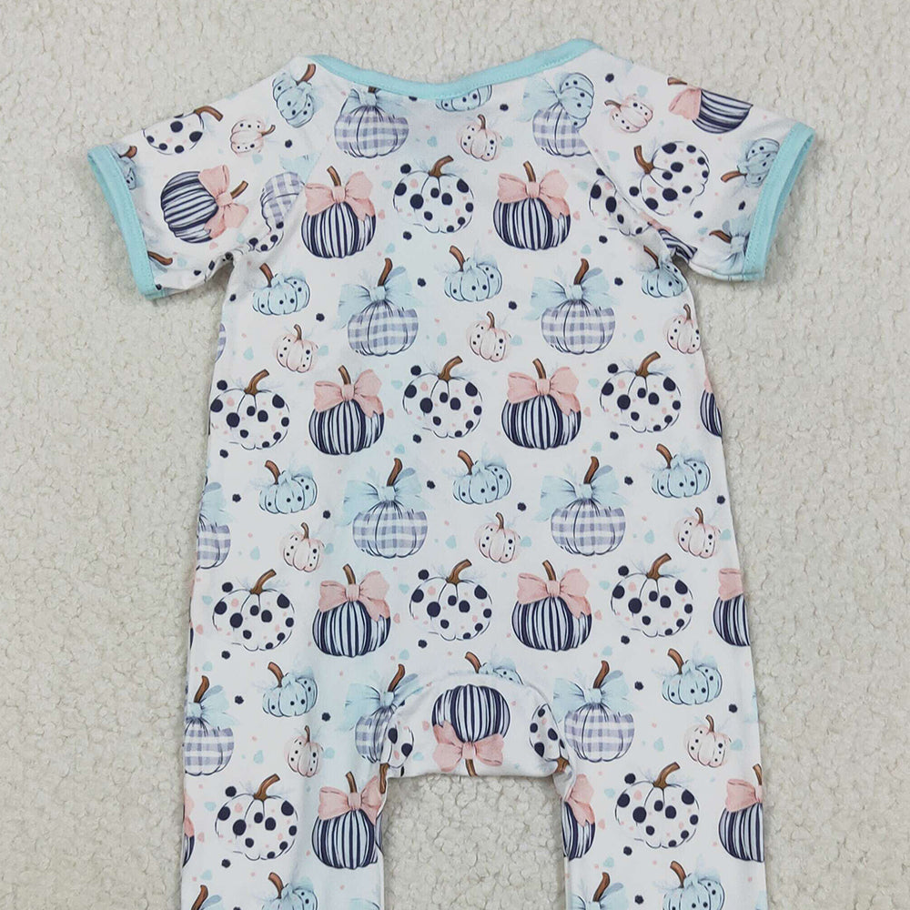 RTS NO MOQ (In stock)SR3109 Baby Girls Winter Rompers Baby Infant Girls Blue Bows Pumpkins Fall Zipper Footie Rompers