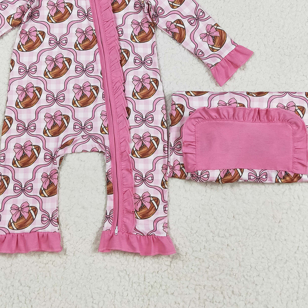 RTS NO MOQ (In stock)LR2361 Baby Girls Winter Rompers Baby Girls Pink Bows Footballs Ruffle Zipper Footie Rompers