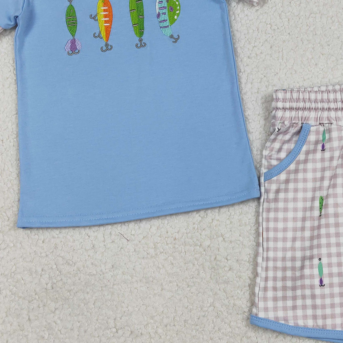 12.16 RTS NO MOQ (In stock)BSSO1617 Embroidery Fishing Baby Boys Top Checked Pockets Shorts Hunting Clothes Sets
