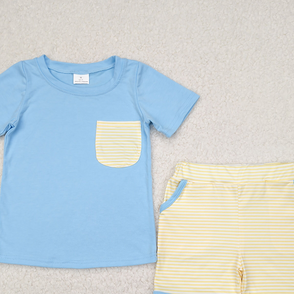 4.11 BSSO1393 RTS NO MOQ Baby Boys Summer Boys Outfits Baby Boys Blue Short Sleeves Pocket Top Yellow Stripe Pockets Short Set