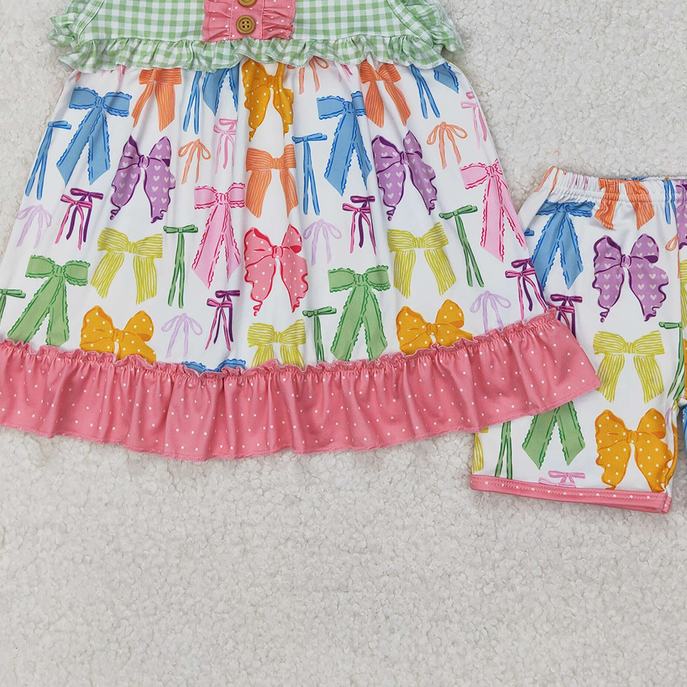 4.17 GSSO2089 RTS NO MOQ Colorful bow pattern polka dot lace green plaid sleeveless shorts set