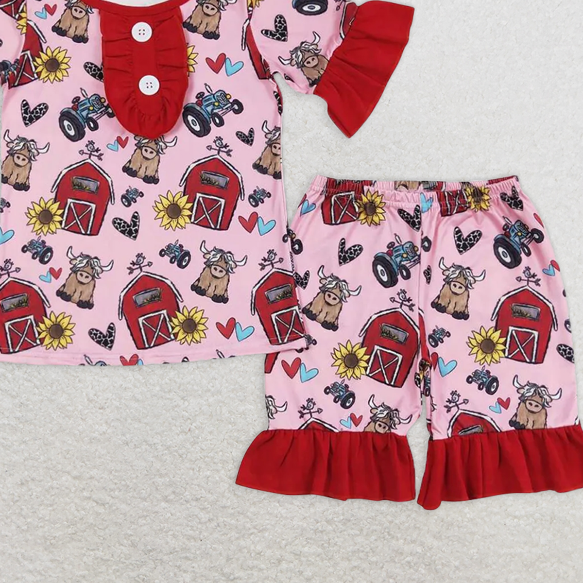 GSSO0932 RTS NO MOQ Baby Girls Pajamas Outfits Short sleeves cows sunflower farm girls summer pajamas