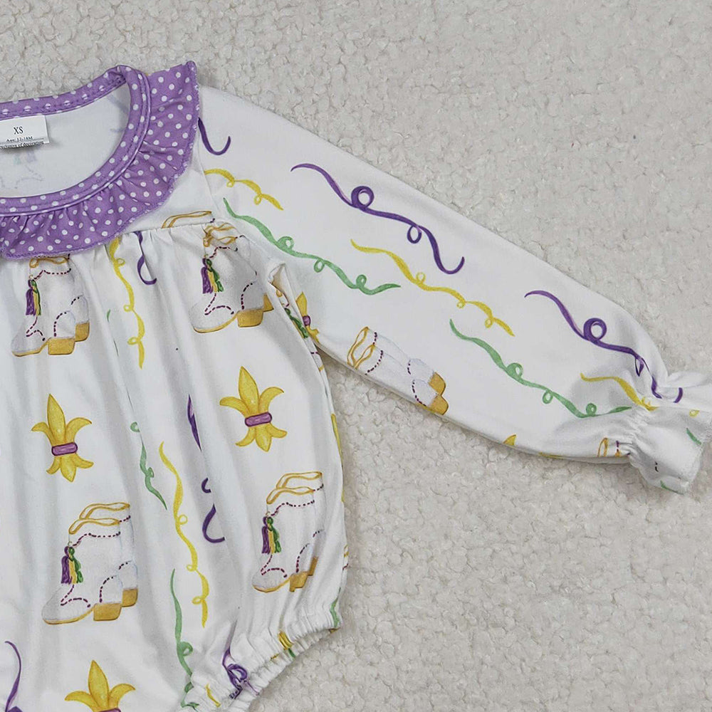 9.29 RTS NO MOQ (In stock)LR2042 Baby Girls Winter Rompers Baby Infant Girls Mardigras Anchors Boots Stripe Ruffle Rompers