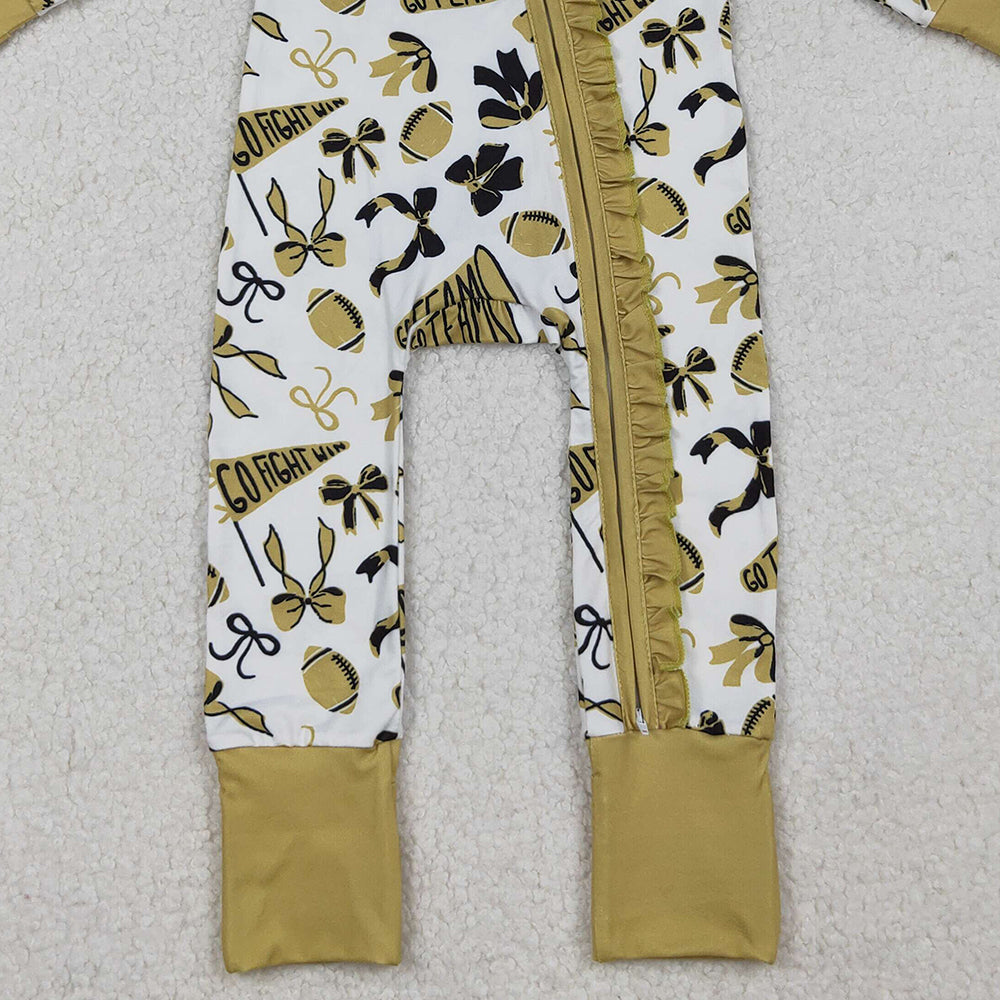RTS NO MOQ (In stock)LR2515 Baby Girls Winter Rompers Golden Bows Footballs Ruffle Zipper Team Rompers