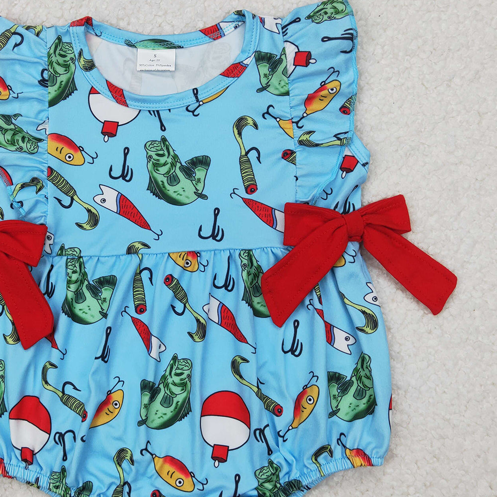 4.08 SR2708 RTS NO MOQ Baby Girls Summer Romper Blue Sleeveless Red Bows Top Fishes Hunting Rompers