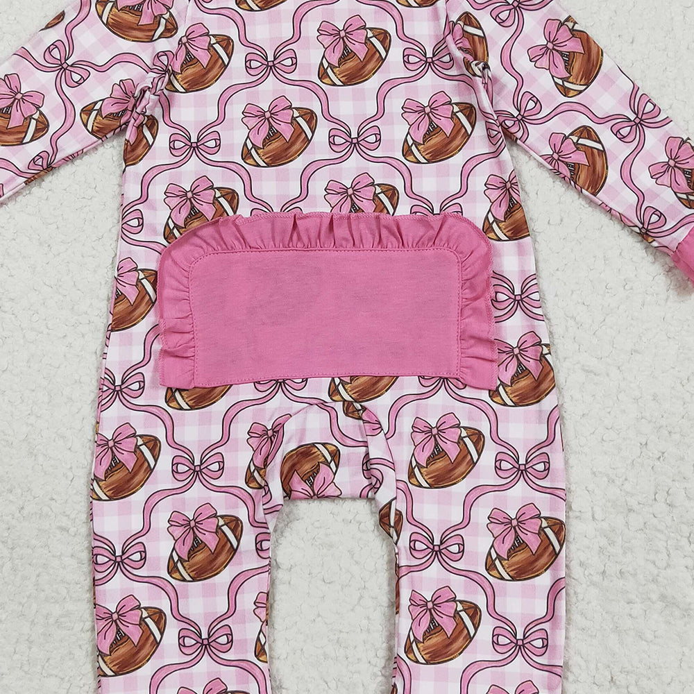 RTS NO MOQ (In stock)LR2361 Baby Girls Winter Rompers Baby Girls Pink Bows Footballs Ruffle Zipper Footie Rompers