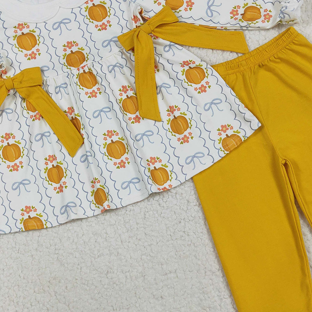8.23 RTS NO MOQ (In stock)GLP2554 Baby Girls Winter Outfits Baby Girls Yellow Pumpkins Bows Plaid Tunic Ruffle Pant Fall Set