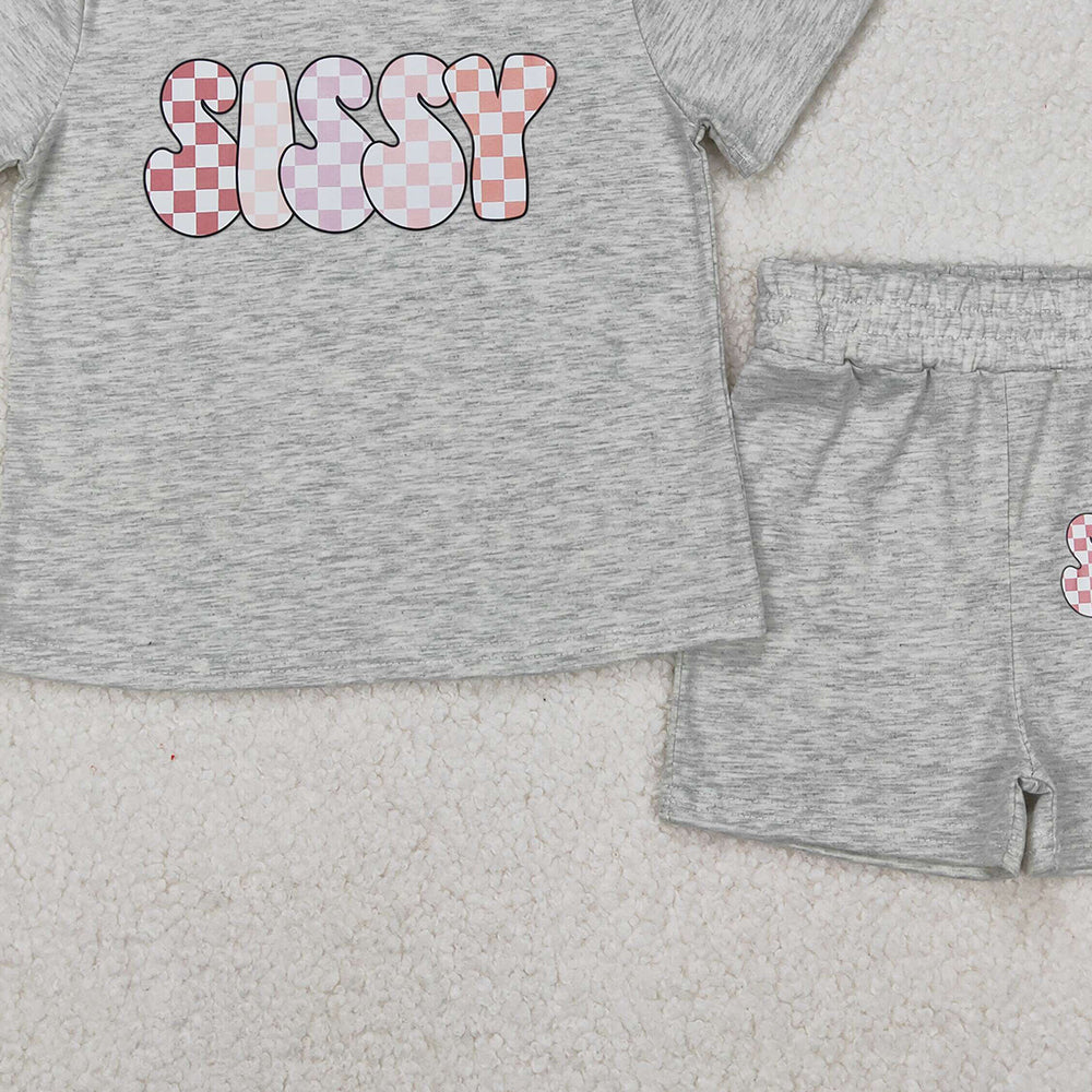 6.03 GSSO2135 New Rts No Moq 8-9 Days By Air Arrived it Grey short sleeves plaid sissy top shorts kids girls clothes