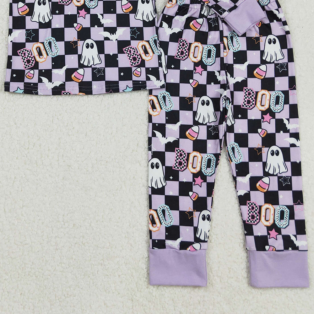 RTS NO MOQ (In stock)GLP2684 Baby Girls Winter Outfits Lavender Plaid Octopus Bowtie Baby Girls' Halloween Pajamas Short Sleeve Top And Pants Set