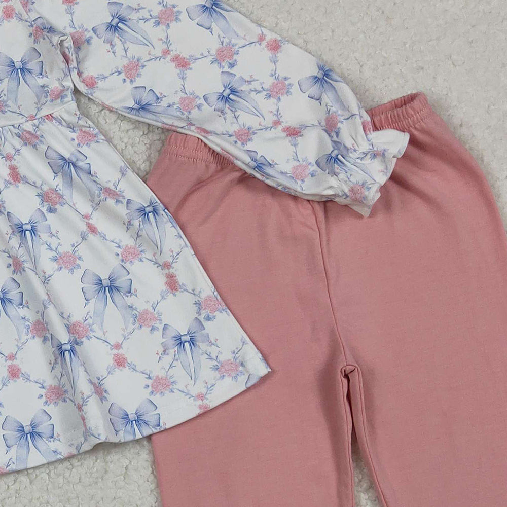 RTS NO MOQ (In stock)GLP2774 Baby Girls Winter Outfits Bows Flowers Checked Tunic Leggings Pant Clothes Sets