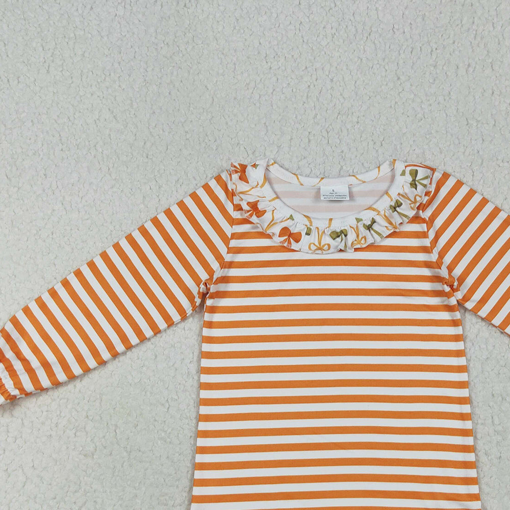 RTS NO MOQ (In stock)GT1074 Baby Girls Long Sleeve Tops Baby Girls Long Ruffle Sleeves Orange Stripes Tee Shirts Tops